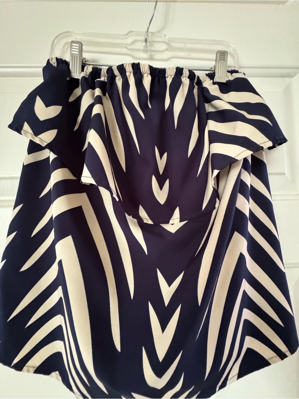 Navy and Cream Strapless Patterned Top